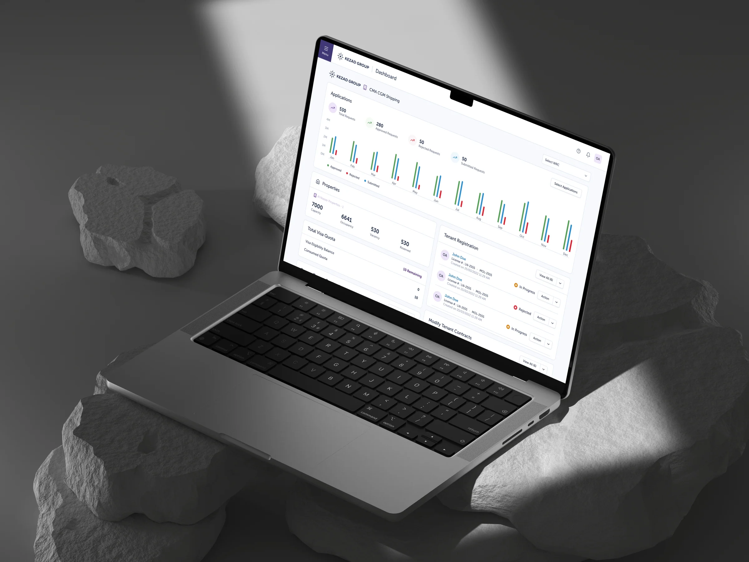 Rebuilt ADNIC dashboard on a MacBook resting on stones