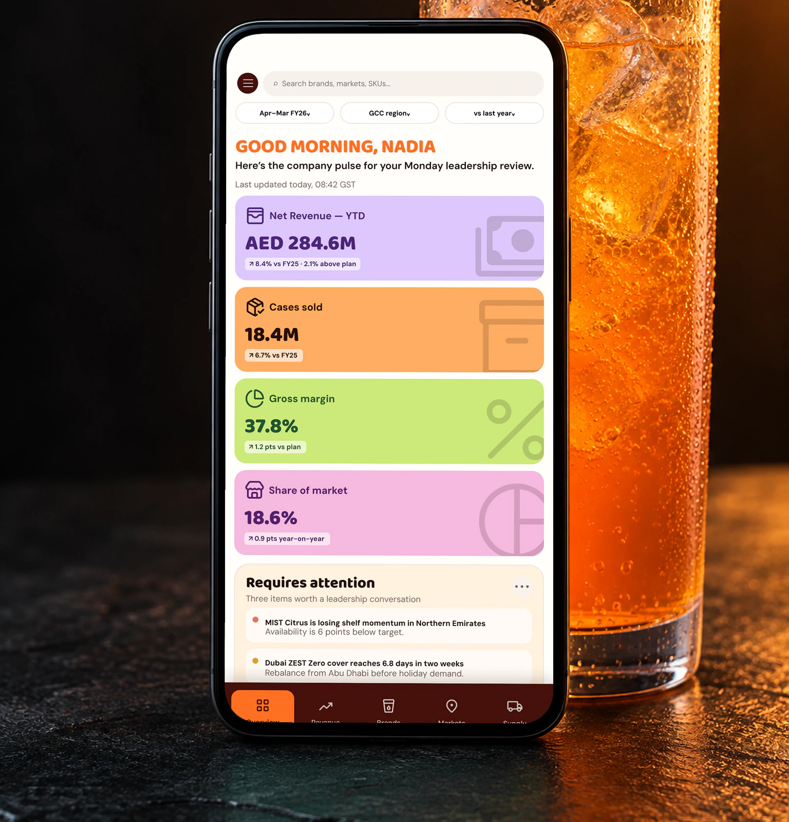 The Fizz & Co mobile dashboard on a phone beside a glass of orange soda