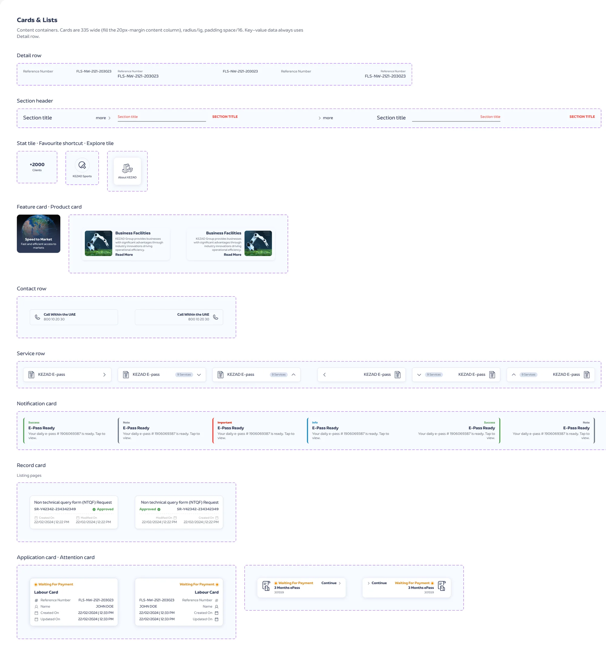 KEZAD card and list components: detail rows, section headers, tiles, service rows and notification cards