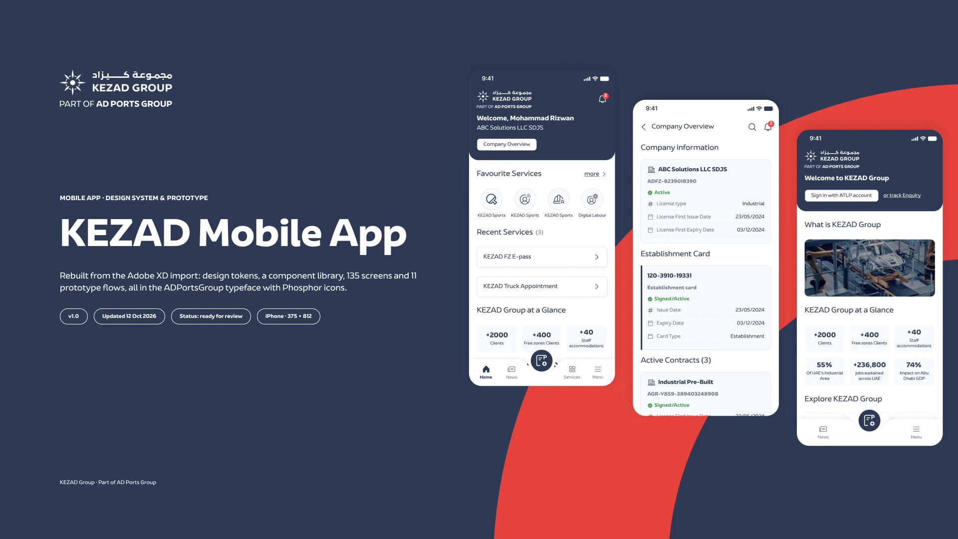 KEZAD Mobile App cover with the signed-in home, company overview and guest home screens