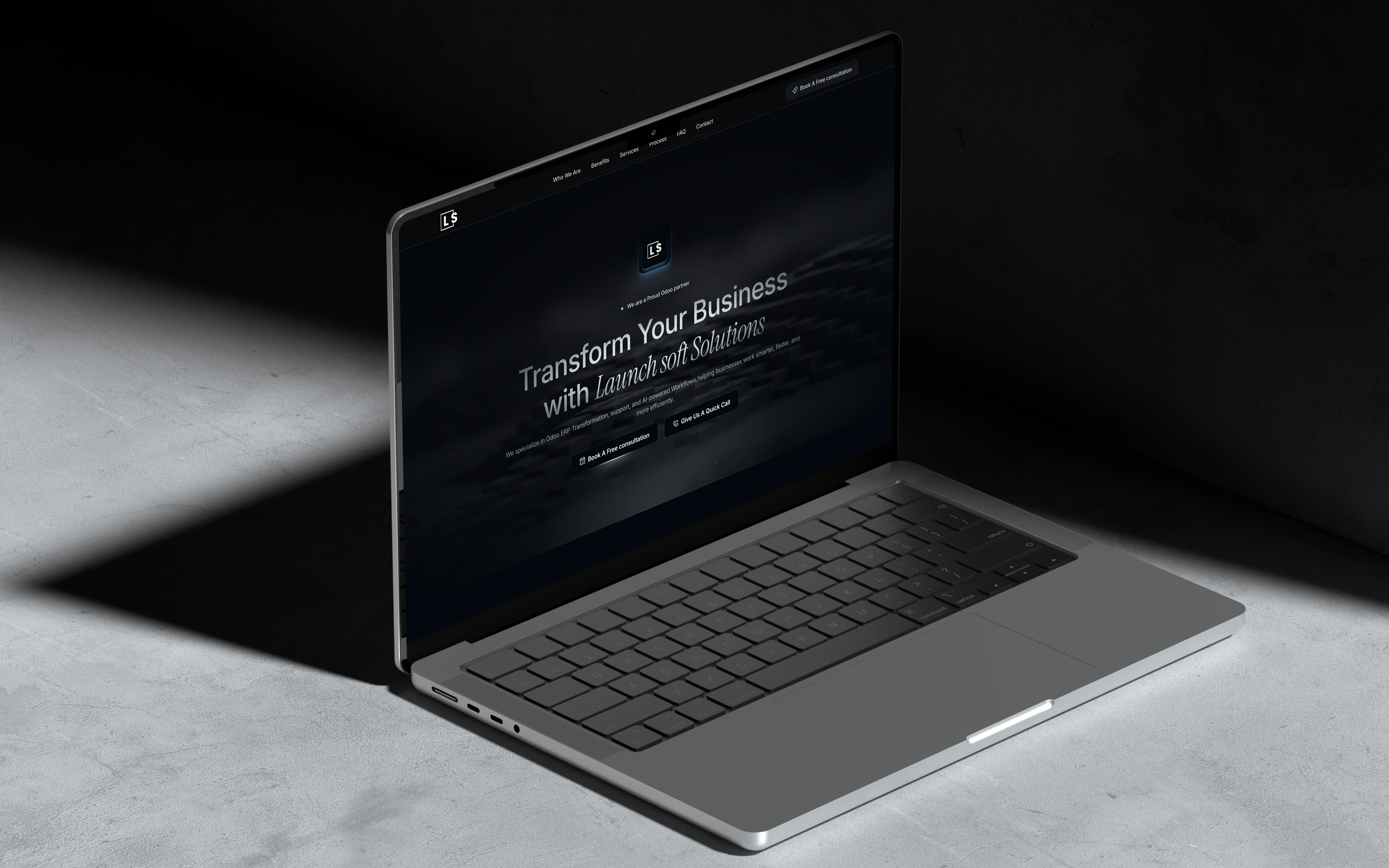 The redesigned Launchsoft landing page on a MacBook Pro