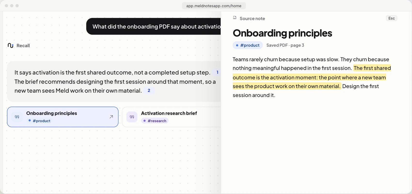 The Meld app answering 'What did the onboarding PDF say about activation?' with a cited answer, and the source note open beside it with the quoted passage highlighted