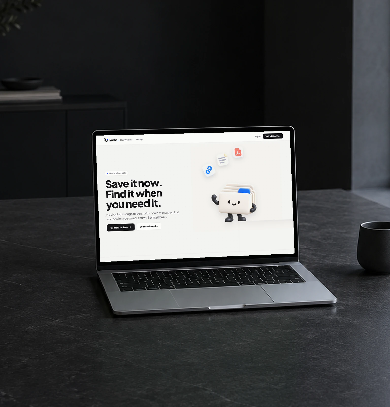 Meld's landing page on a laptop on a dark stone desk