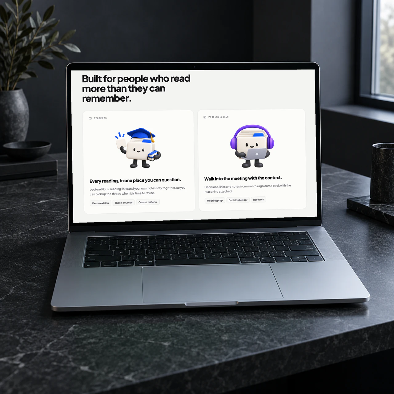 Meld's audience section on a laptop: the mascot as a student and as a professional