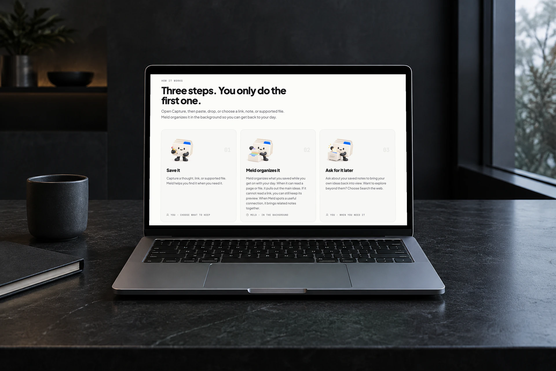 Meld's how-it-works section on a laptop: the mascot saves a note, organizes it and brings it back