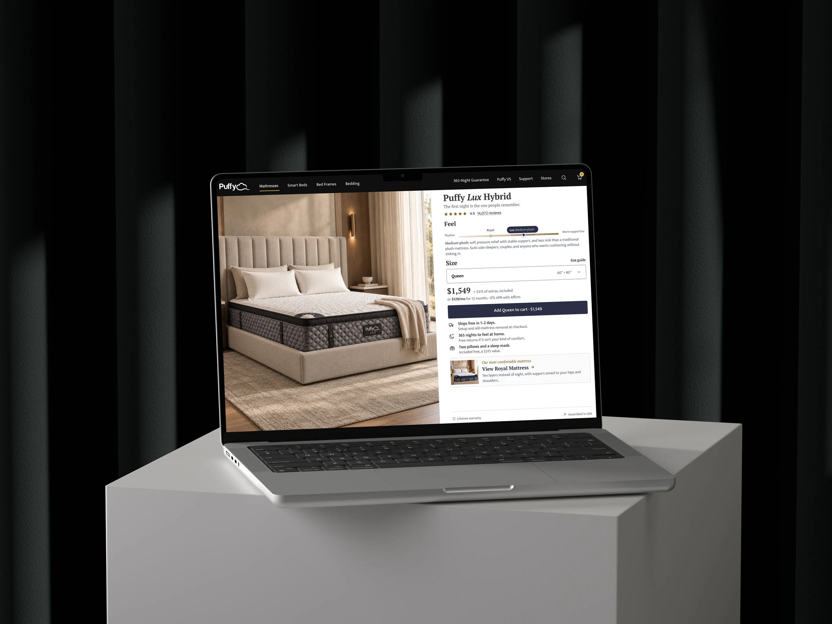 The Puffy Lux product page on a MacBook Pro